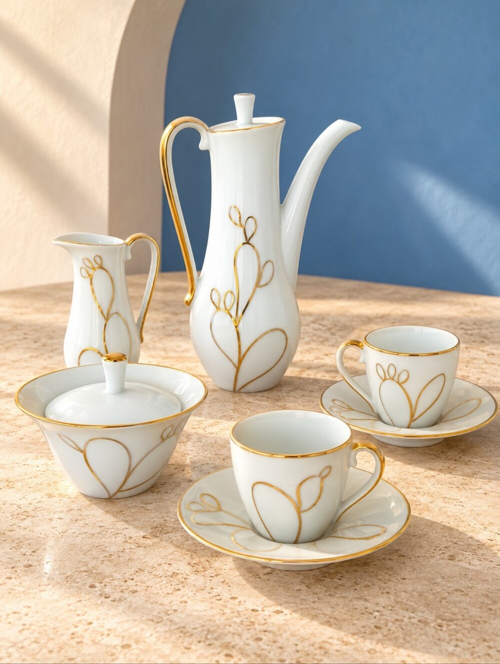 Vintage Naaman Israel Porcelain Coffee Set 7 Pc Gold Modernist